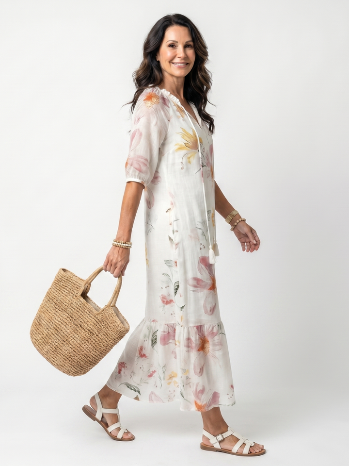 Noa | Abito Midi Floreale a Balze con Nappine