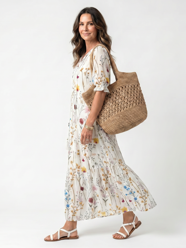 Sylvie | Abito Midi Stampa Botanica con Coulisse e Nappine