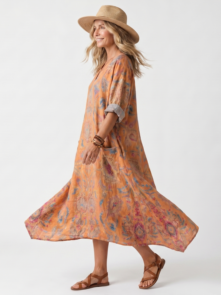 Romy | Abito Midi Stampato con Collo a Revere e Tasche Oversize