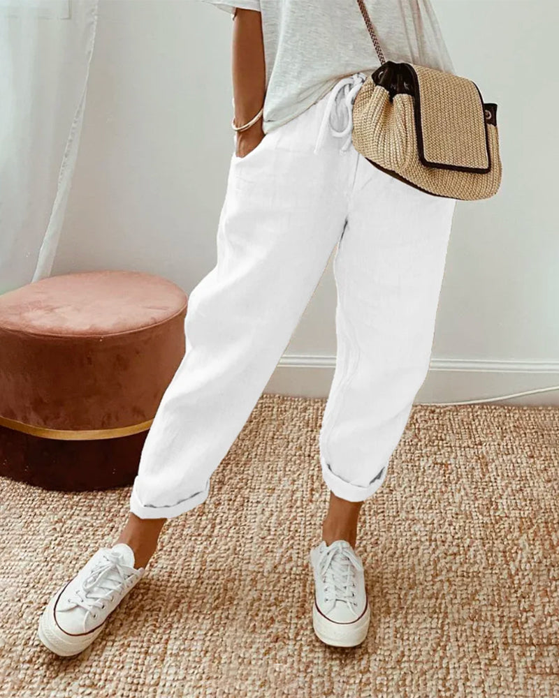 Nellie | Semplice Cotone Lino Gamba Larga Pantaloni for Women