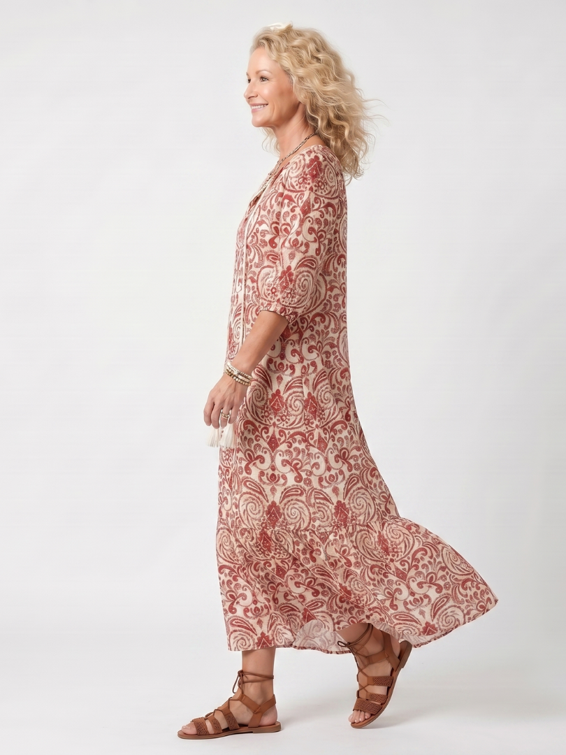 Noelle | Abito Midi a Stampa Elaborata con Coulisse e Nappine