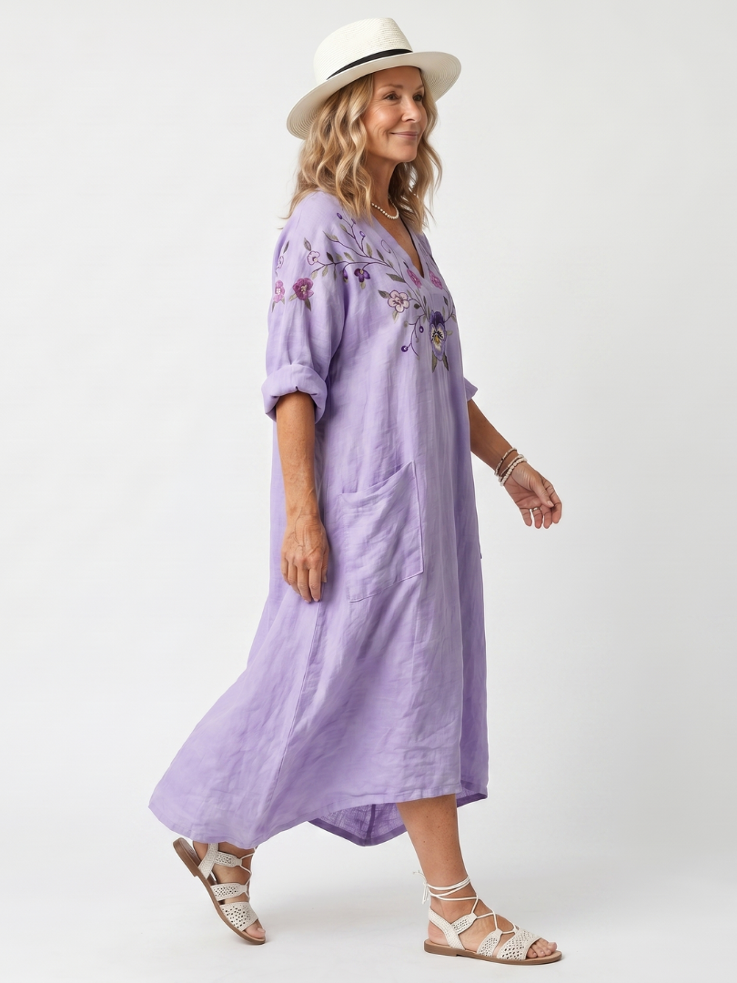 Tavi | Abito Midi Ricamato Floreale con Tasche Oversize