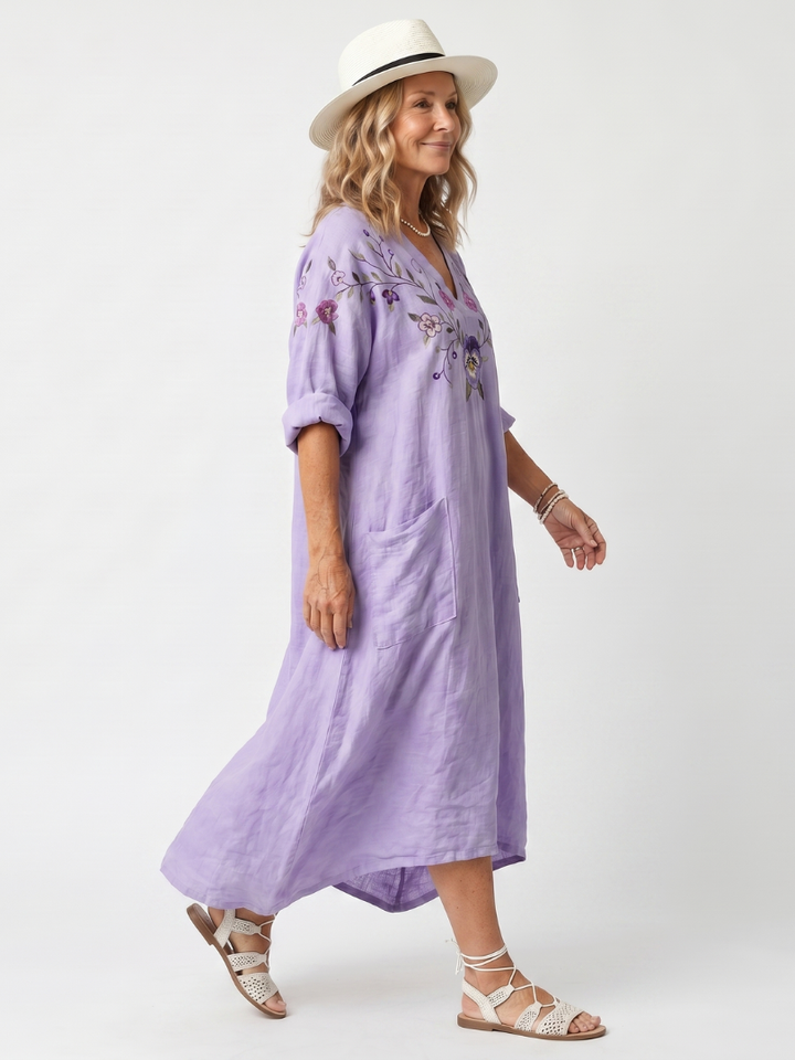 Tavi | Abito Midi Ricamato Floreale con Tasche Oversize