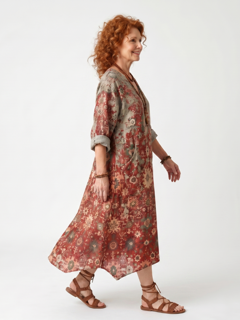 Marigolde | Abito Midi Comodo a Fantasia Mista con Tasche