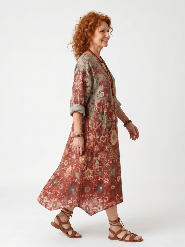 Marigolde | Abito Midi Comodo a Fantasia Mista con Tasche