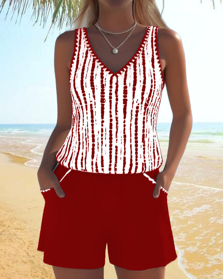 Mia | Costume da Bagno Due Pezzi Stampato Scollo a V con Tasche
