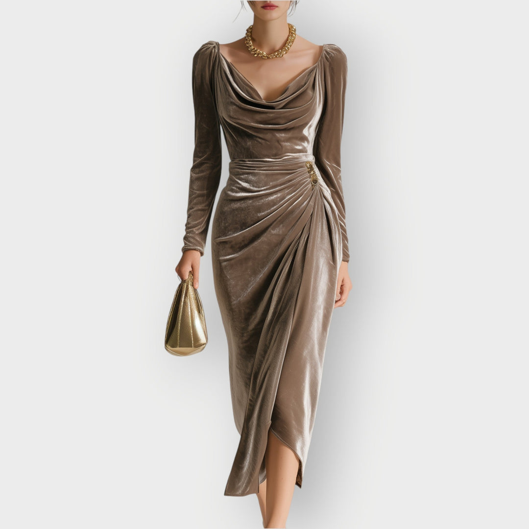 Auvess | Ruched Draped Elegance Midi Abito