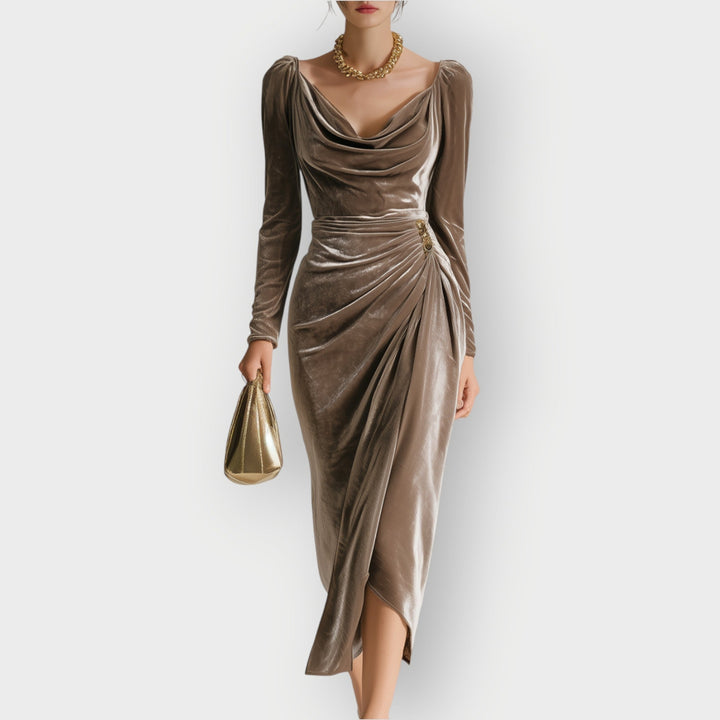 Auvess | Ruched Draped Elegance Midi Abito