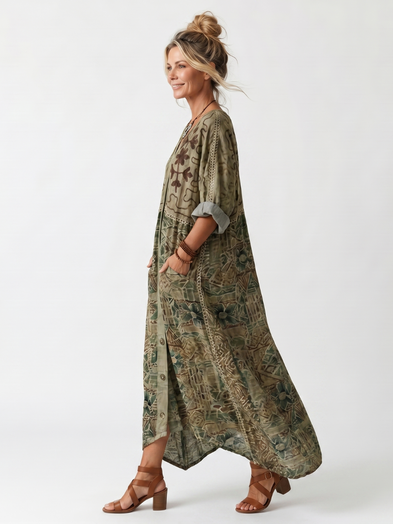 Aleta | Abito Midi con Bottoni, Ricami e Tasche Oversize