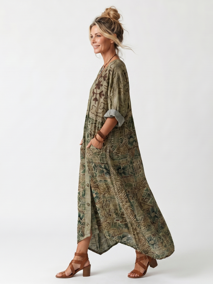 Aleta | Abito Midi con Bottoni, Ricami e Tasche Oversize