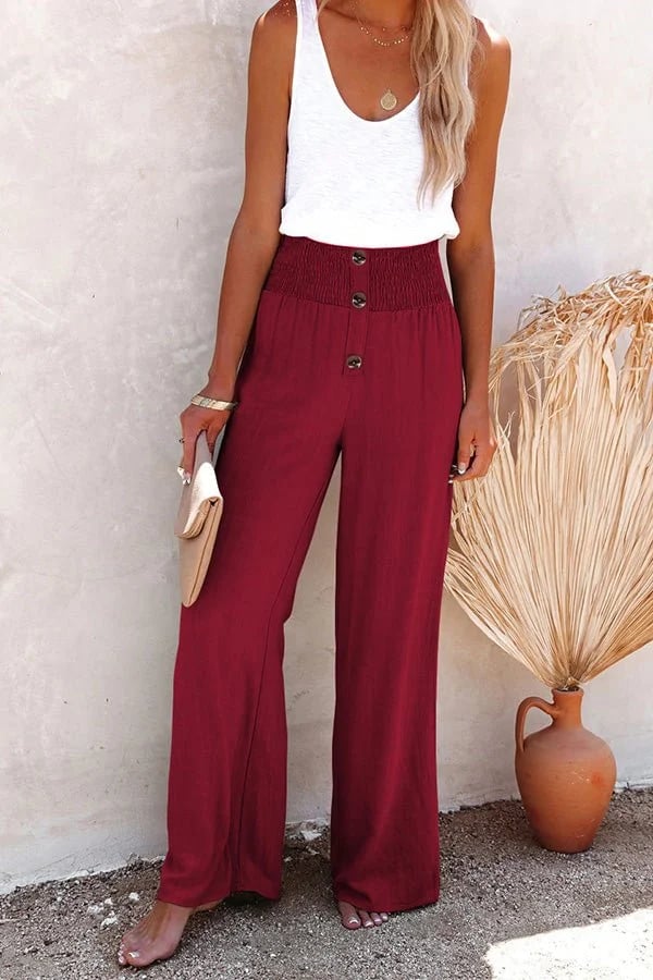 Dianne | Smocked High Waist Pantaloni with Button Front