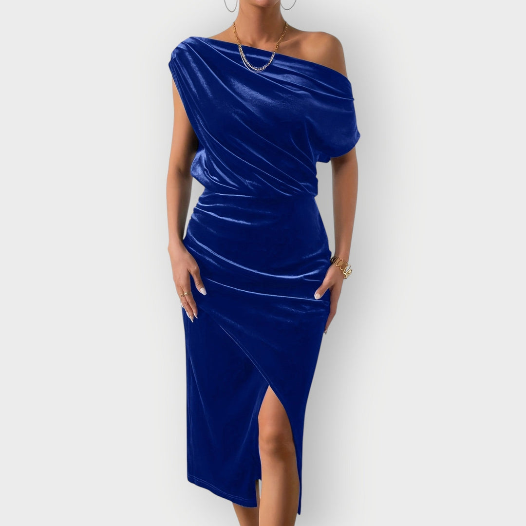 Saeviah | Abito Midi in Velluto Drappeggiato a Spalle Scoperte