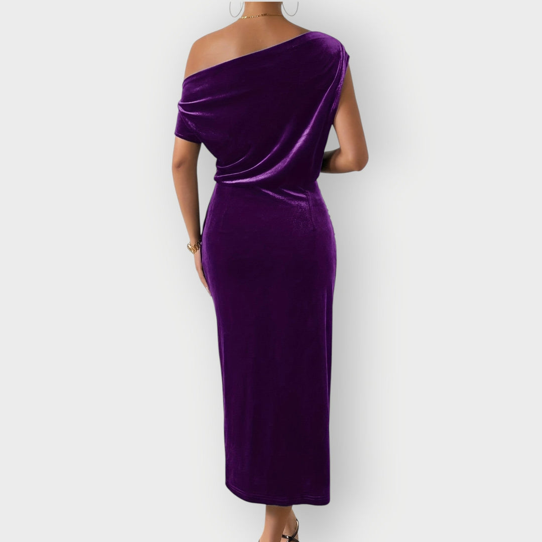 Saeviah | Abito Midi in Velluto Drappeggiato a Spalle Scoperte