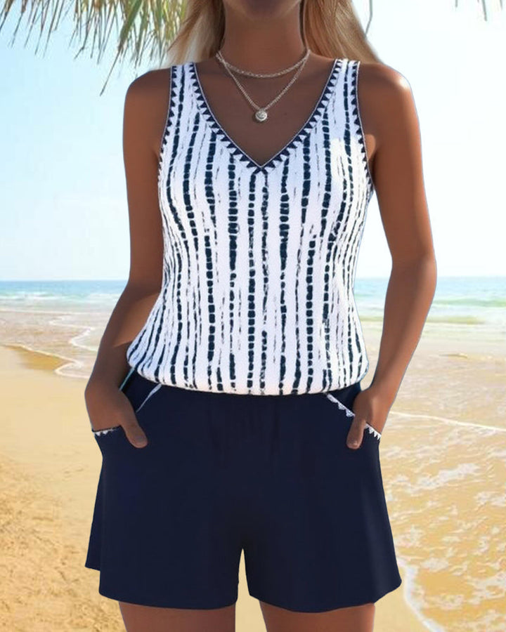 Mia | Costume da Bagno Due Pezzi Stampato Scollo a V con Tasche