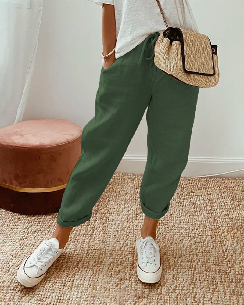 Nellie | Semplice Cotone Lino Gamba Larga Pantaloni for Women
