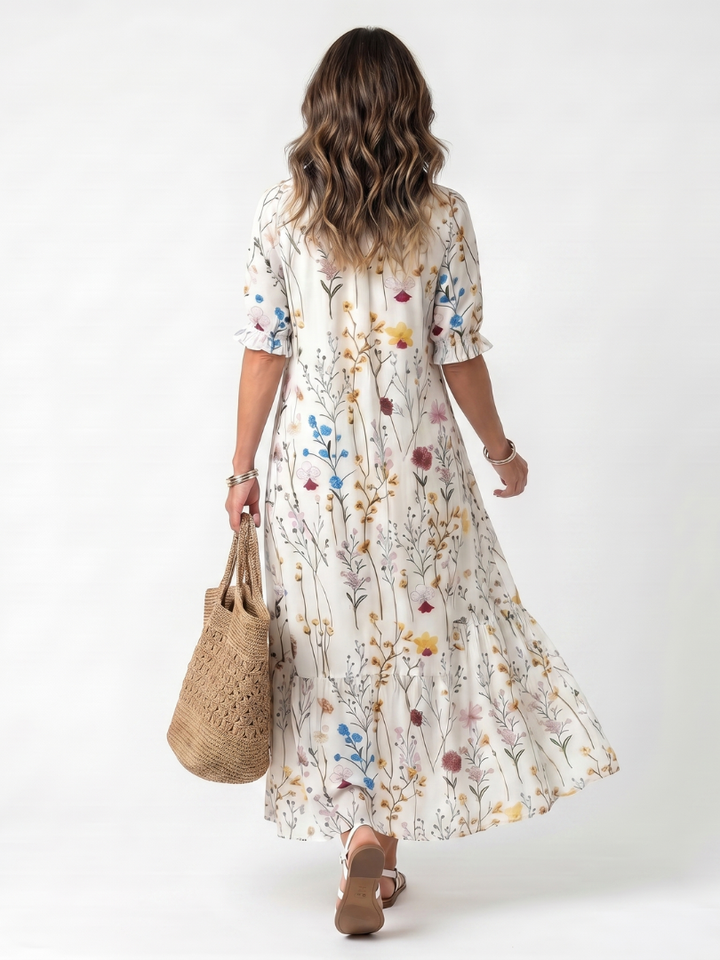 Sylvie | Abito Midi Stampa Botanica con Coulisse e Nappine