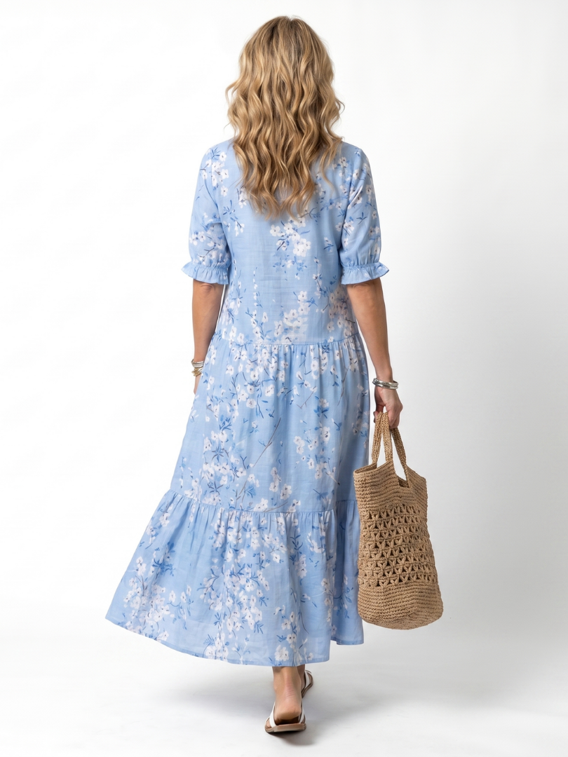Alora | Abito Midi a Stampa Floreale con Coulisse e Nappine