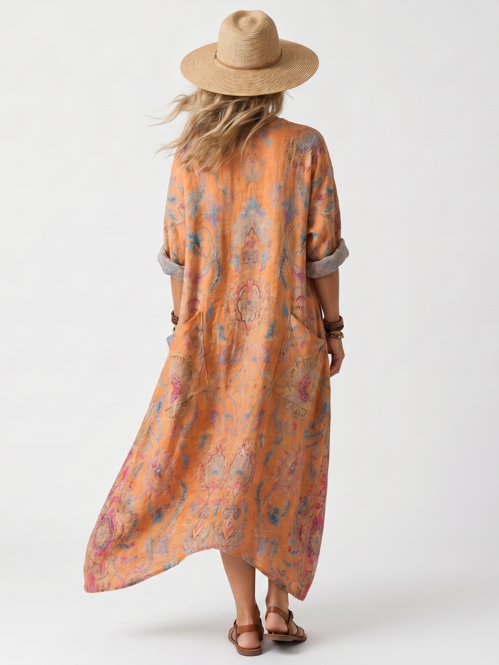 Romy | Abito Midi Stampato con Collo a Revere e Tasche Oversize