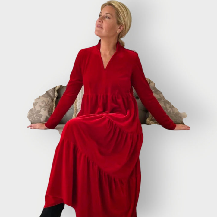 Luvira | Abito in Velluto Rosso a Balze