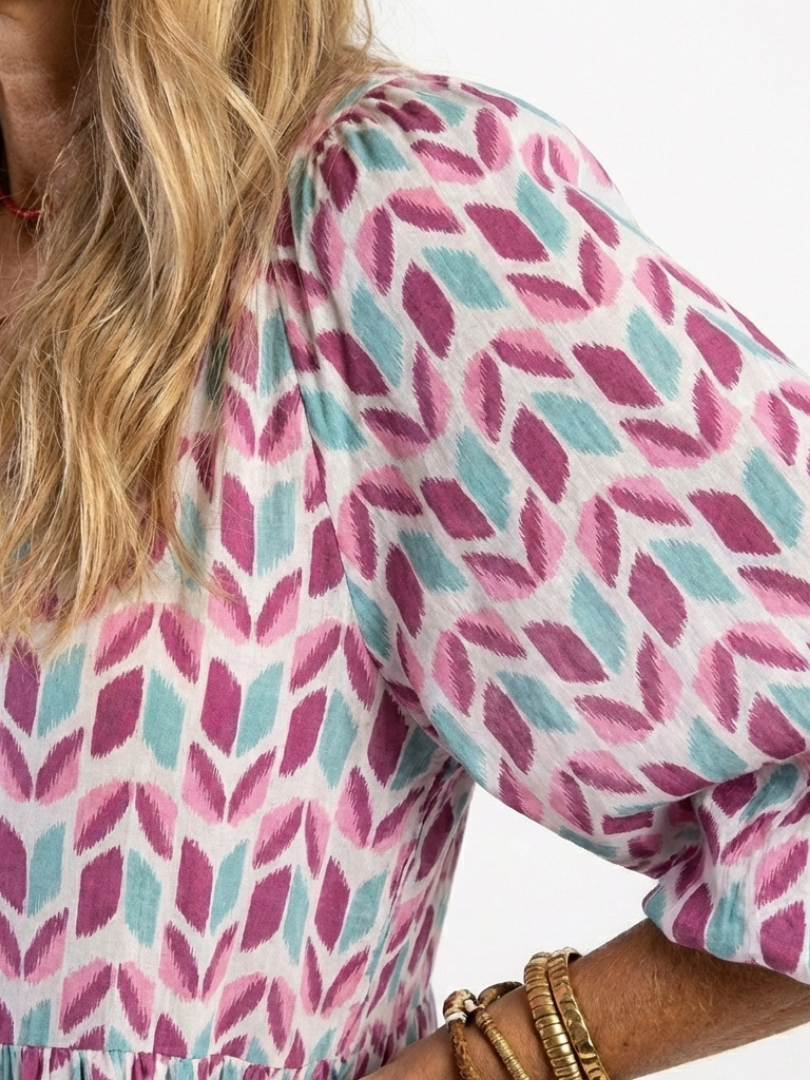 Mireya | Abito Midi a Balze Maniche Lunghe Stampa Geometrica