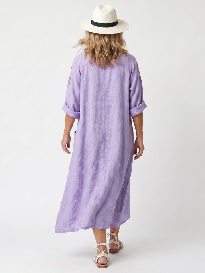 Tavi | Abito Midi Ricamato Floreale con Tasche Oversize
