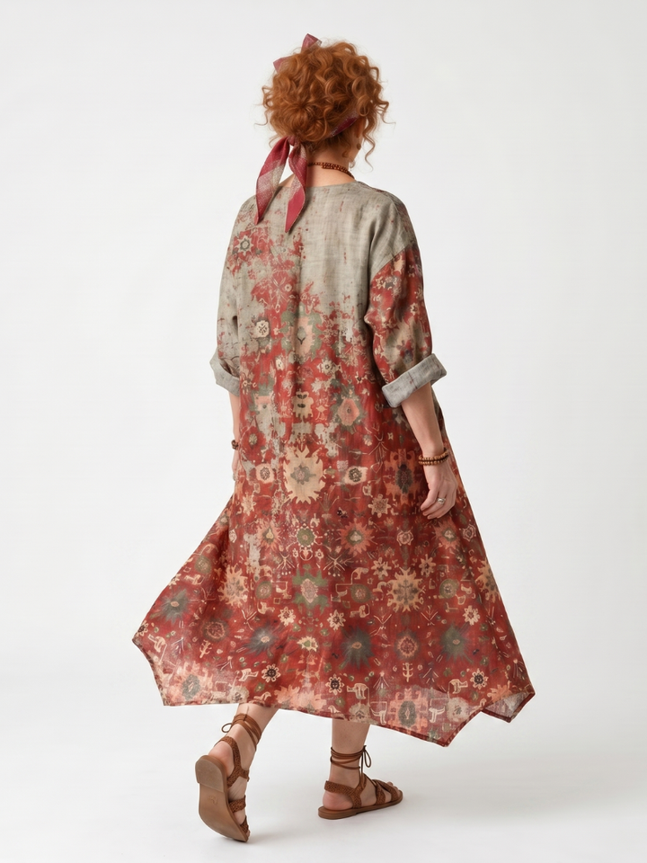 Marigolde | Abito Midi Comodo a Fantasia Mista con Tasche