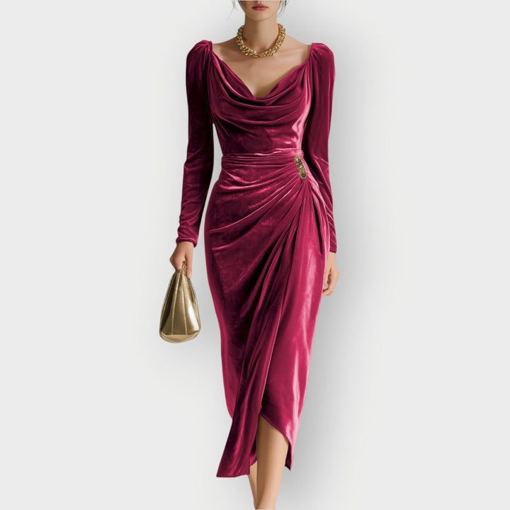 Auvess | Ruched Draped Elegance Midi Abito