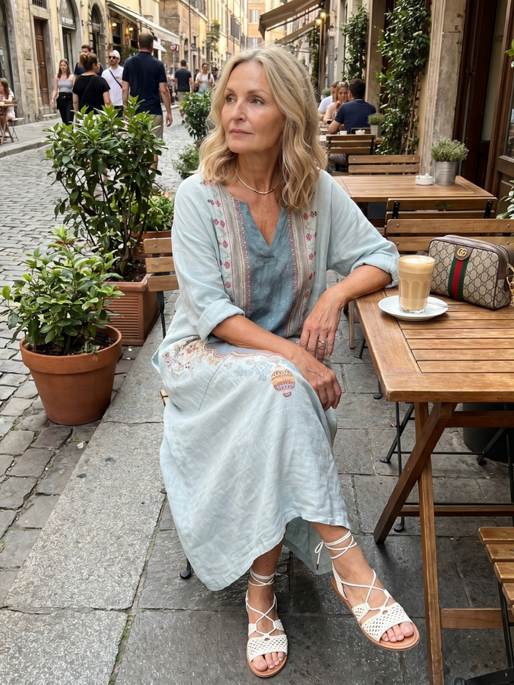 Kassiani | Abito Midi Ricamato con Pannelli e Tasche Oversize