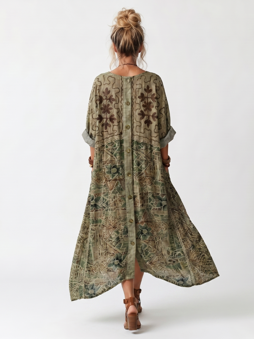 Aleta | Abito Midi con Bottoni, Ricami e Tasche Oversize