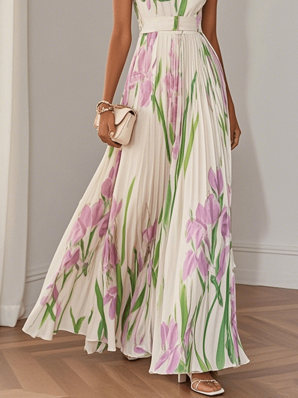 Marie | Maxi Abito Plissettato in Chiffon Floreale, Bianco
