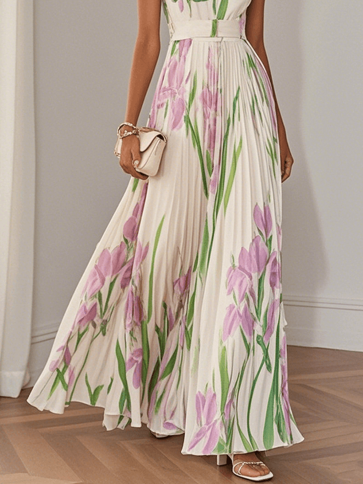 Marie | Maxi Abito Plissettato in Chiffon Floreale, Bianco