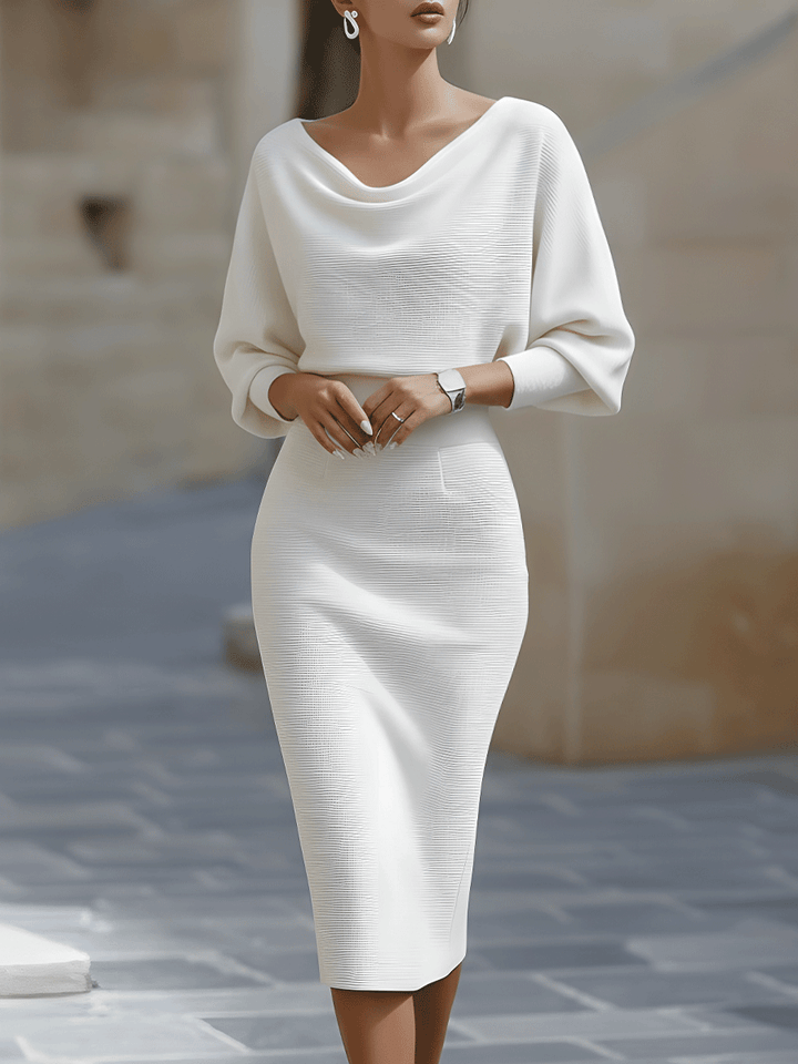 Olivia | Bianco Draped Batwing Midi Abito