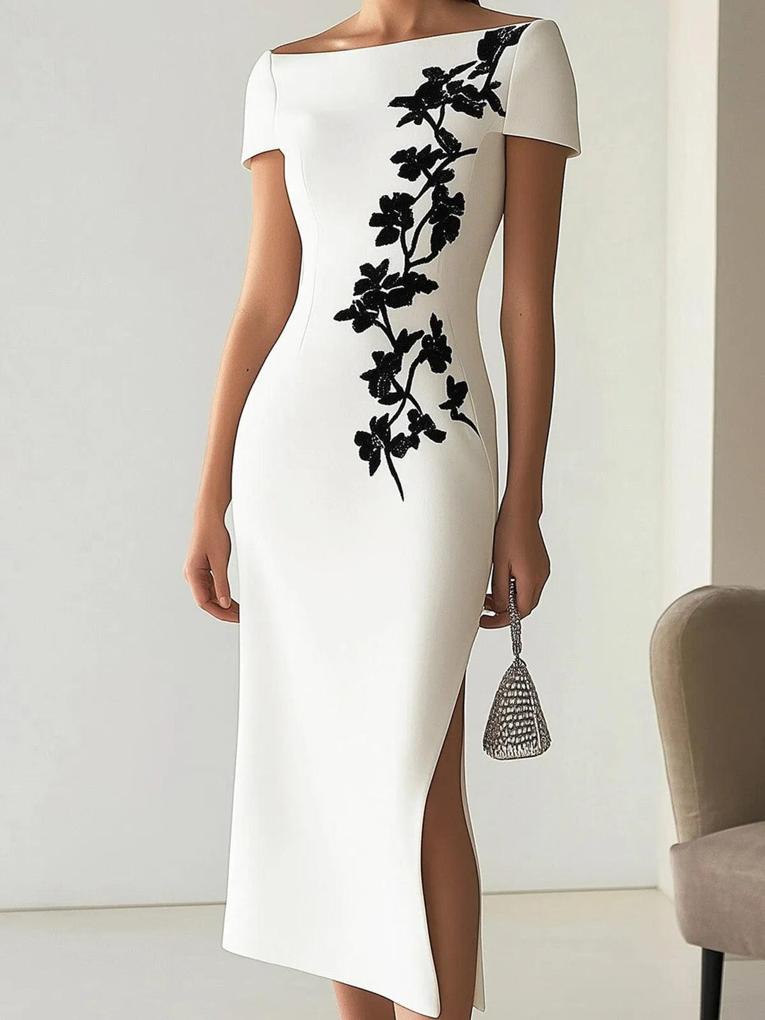 Audrey | Abito Midi Floreale Chic, Scollo a Barca