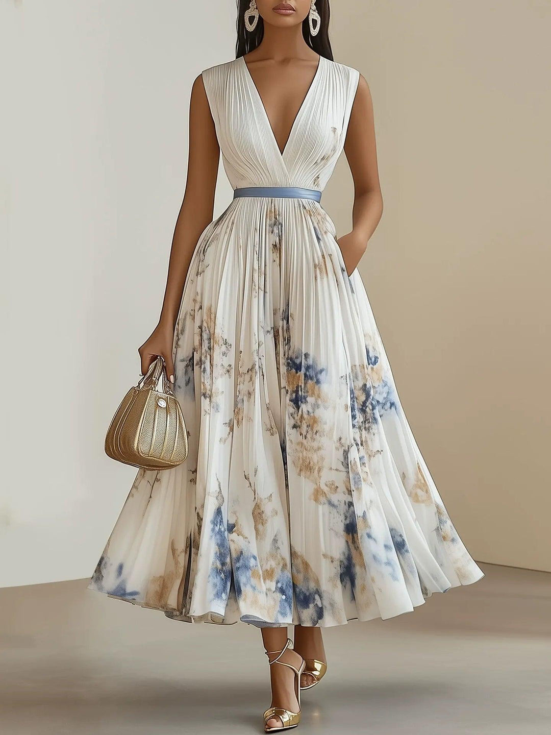 Chloe | Abito Midi Plissettato in Chiffon Floreale, Bianco