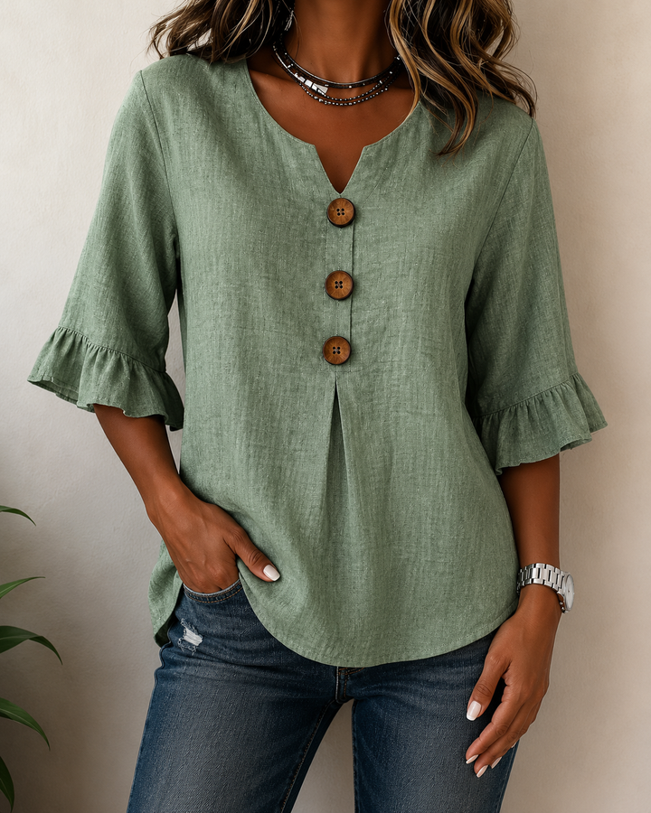 Kerria | Ruffle Sleeve Button Lino Camicetta