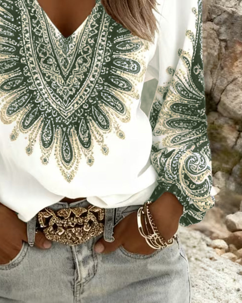 Karen | Scollo a V Retro Stampa Top