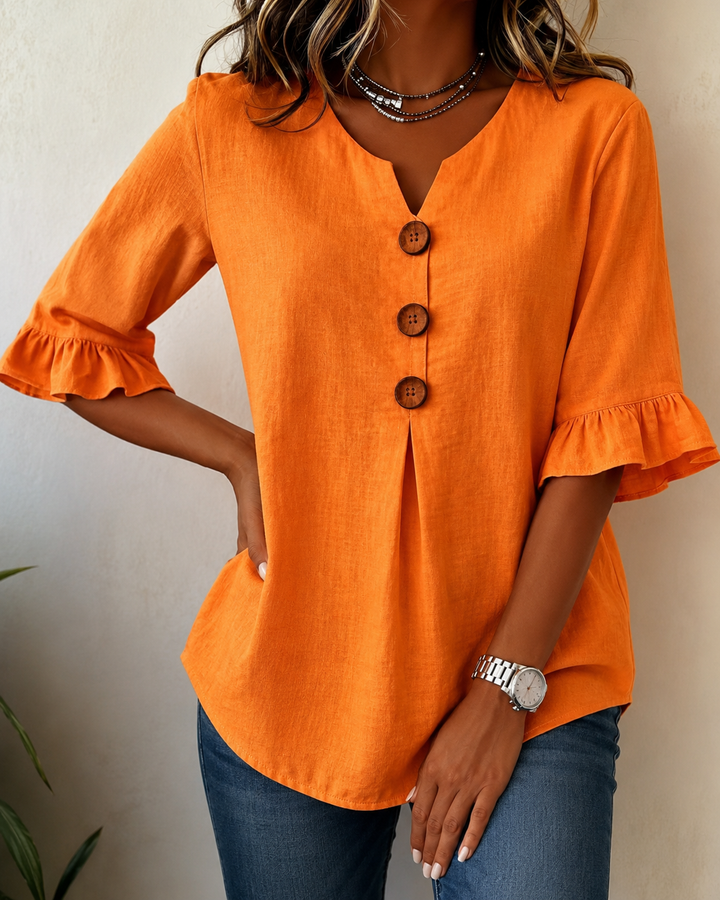 Kerria | Ruffle Sleeve Button Lino Camicetta