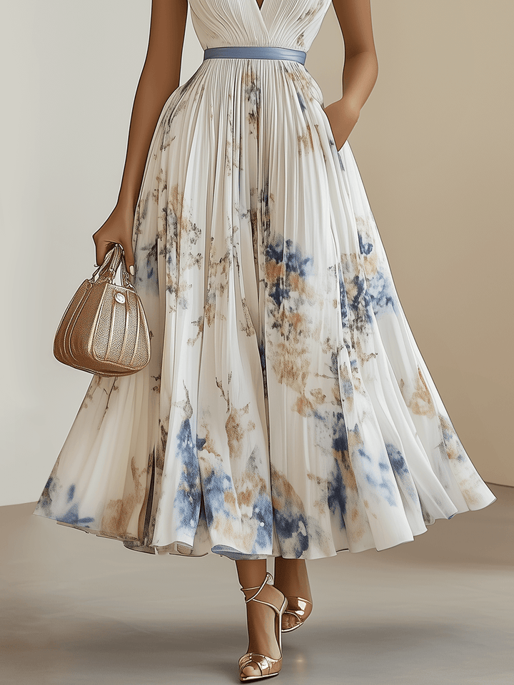 Chloe | Abito Midi Plissettato in Chiffon Floreale, Bianco