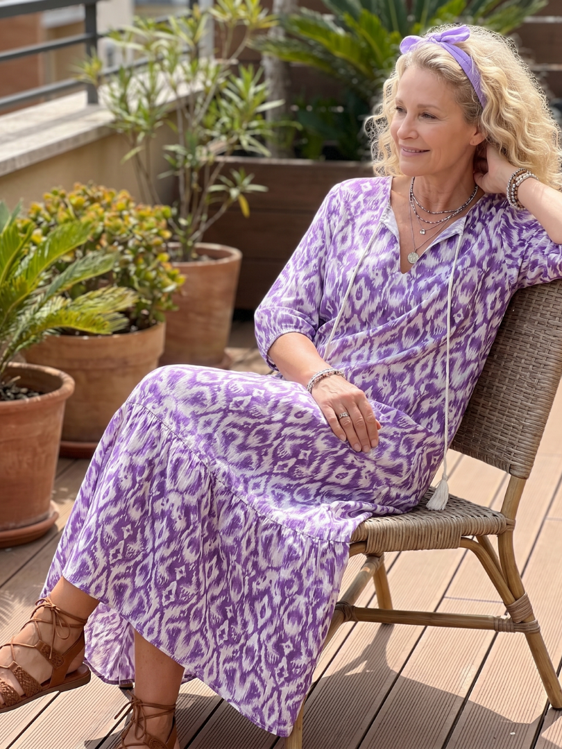 Penelope | Abito Midi Stampato con Coulisse e Nappine