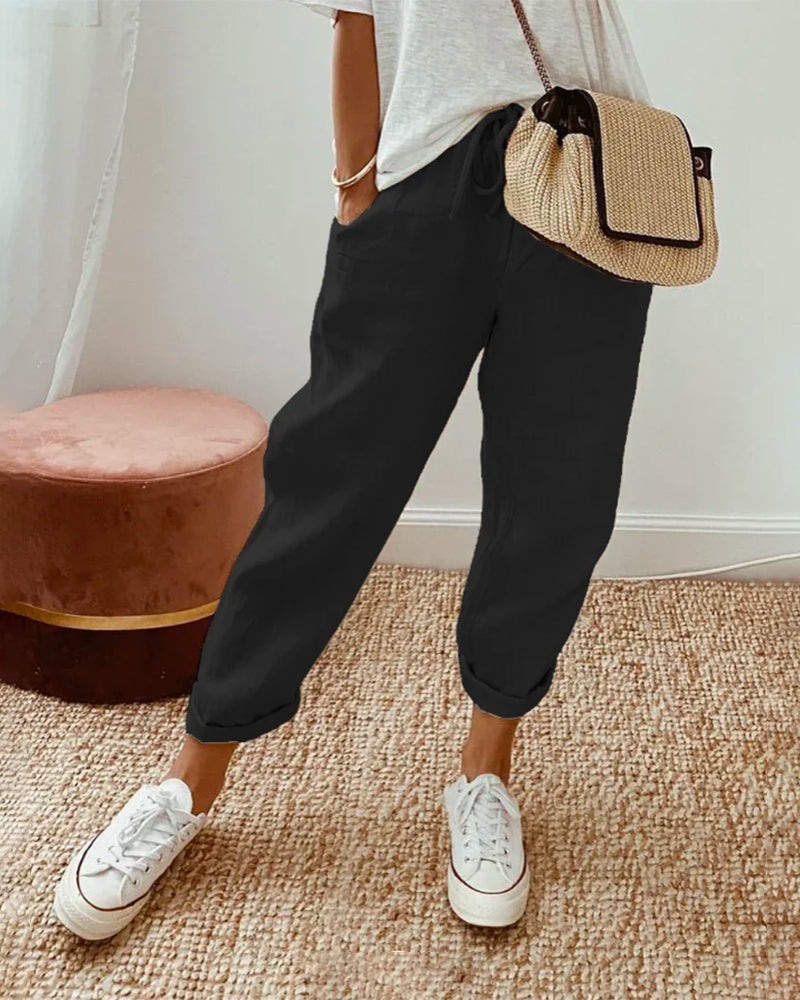 Nellie | Semplice Cotone Lino Gamba Larga Pantaloni for Women
