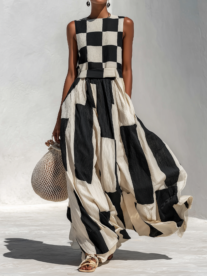 Greta | Nero and Bianco Checked Senza Maniche Maxi Abito