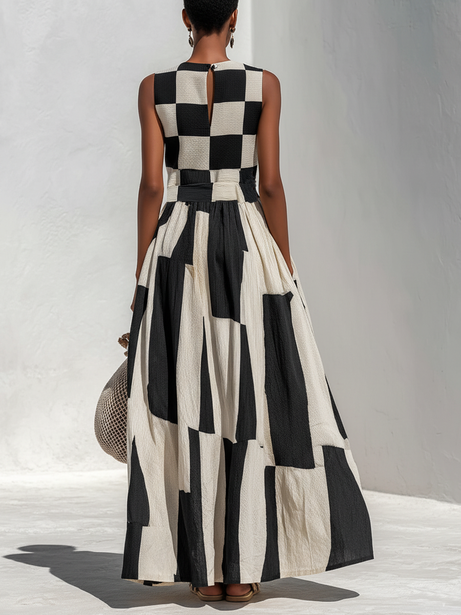 Greta | Nero and Bianco Checked Senza Maniche Maxi Abito
