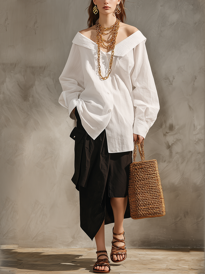 Vera | Bianco Camicia Nero Midi Gonna