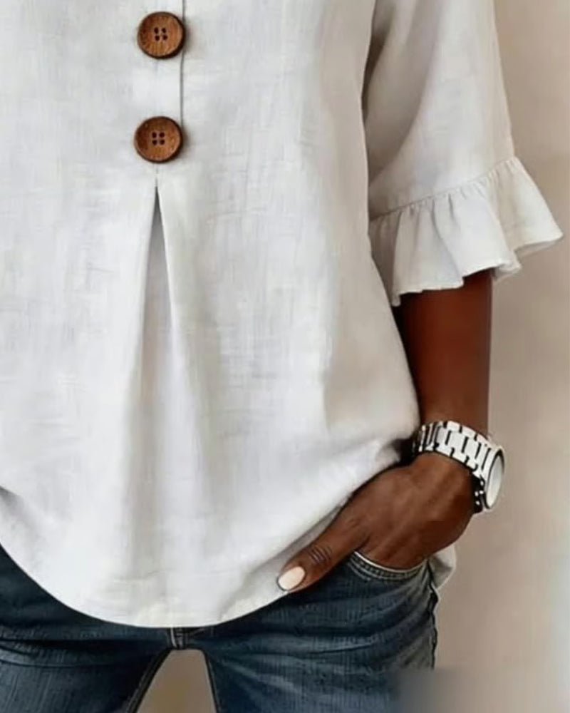 Kerria | Ruffle Sleeve Button Lino Camicetta