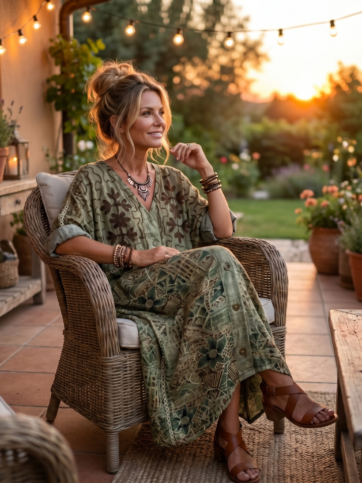 Aleta | Abito Midi con Bottoni, Ricami e Tasche Oversize