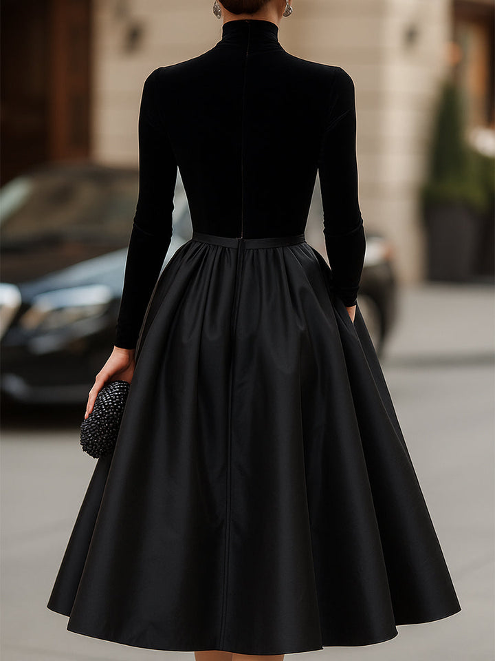 Ava | Elegante Nero Velluto And Raso Midi Abito