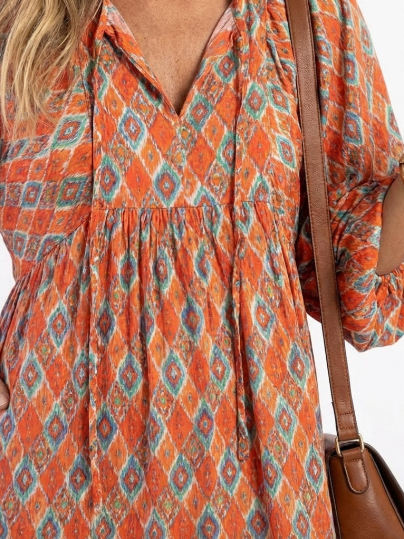 Marisette | Abito Midi a Balze Stampa Geometrica Scollo a V