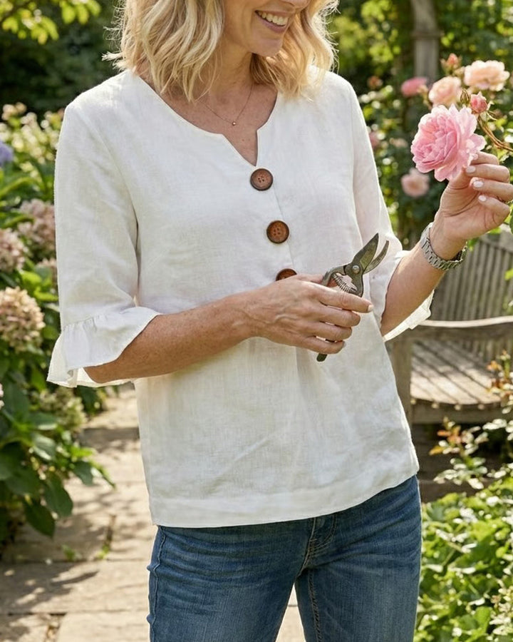 Kerria | Ruffle Sleeve Button Lino Camicetta