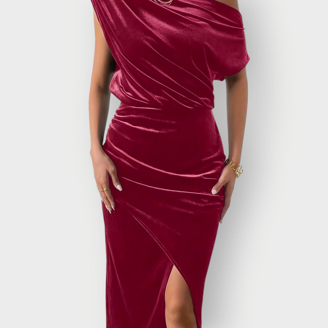 Saeviah | Abito Midi in Velluto Drappeggiato a Spalle Scoperte