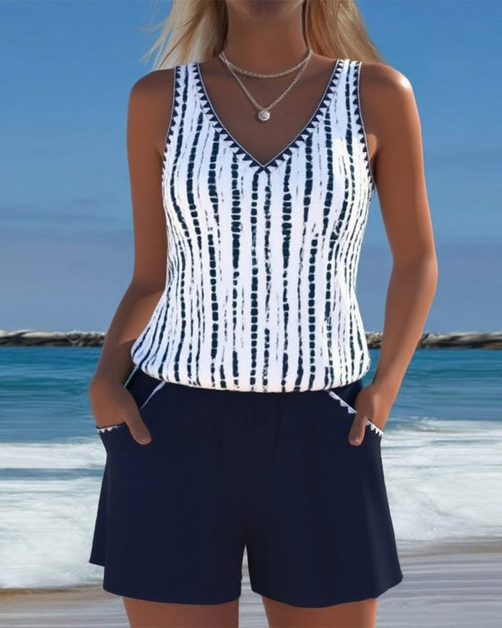 Mia | Costume da Bagno Due Pezzi Stampato Scollo a V con Tasche